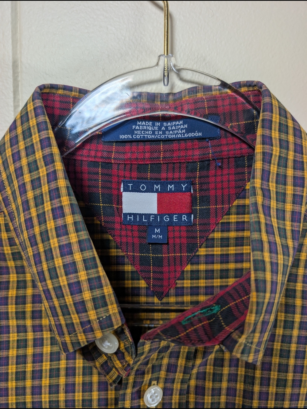 Tommy Hilfiger Men's Yellow and Red Plaid Button-Down Shirt Vintage